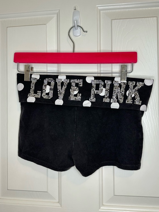 PINK Victoria's Secret Pants - Y2K VS PINK Black White Bedazzled Foldover Yoga Booty Shorts M *Flawed* Mcbling